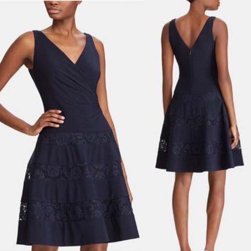 Ralph Lauren Navy Dress Ruched Sleeveless VNeck Evening Fit & Flare Women Size 6